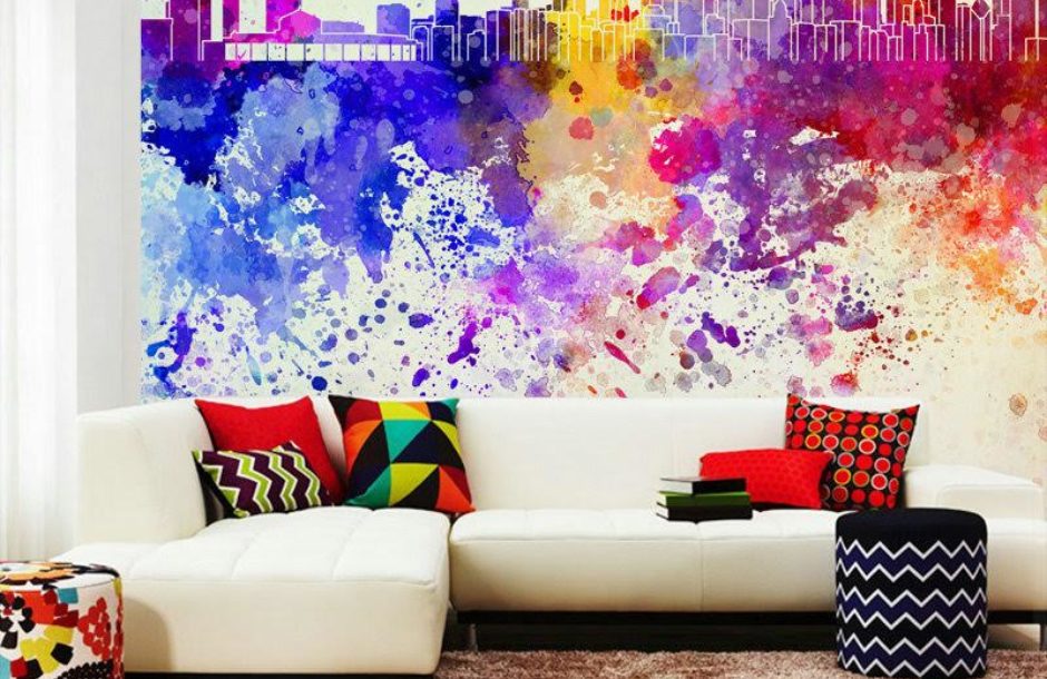 Painted wall with white sofa & colorful cushion